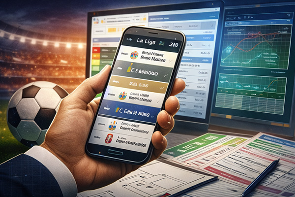 Hình minh họa dự đoán kết quả LaLiga 2026 mới nhất với giao diện phân tích trận đấu và dữ liệu thống kê