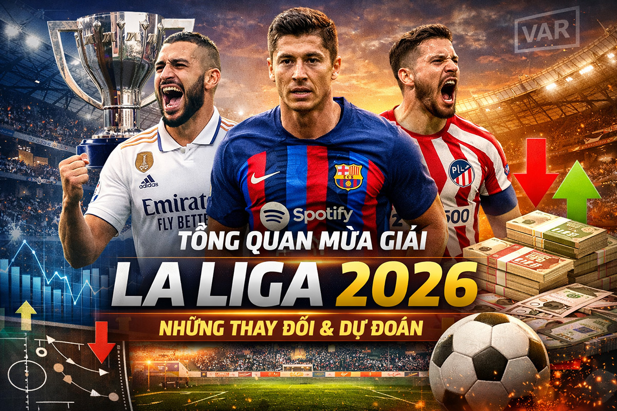 Tổng quan mùa giải La Liga 2026 với hình ảnh cầu thủ, sân vận động và các yếu tố thể hiện những thay đổi và dự đoán